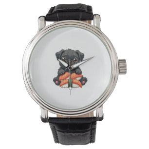 Vintage süße schwarze Pug-Sushi-Cartoon-Vektor-Ill Armbanduhr
