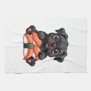 Vintage süße schwarze Pug-Sushi-Cartoon-Vektor-Ill Geschirrtuch