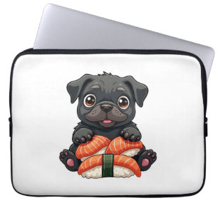 Vintage süße schwarze Pug-Sushi-Cartoon-Vektor-Ill Laptopschutzhülle