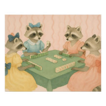 Vintage Süße Waschbären spielen Mahjong
