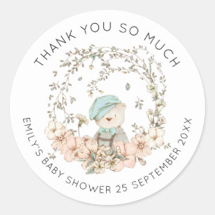 Vintage Süßer Bär Blumen Danke Junge Baby-Party Runder Aufkleber