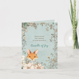 Vintage Süßer Fuchs Foto Florales Grün Junge Gebur Ankündigung
