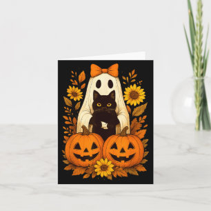 Vintage süßer Halloween-Geist hält schwarze Katze Karte