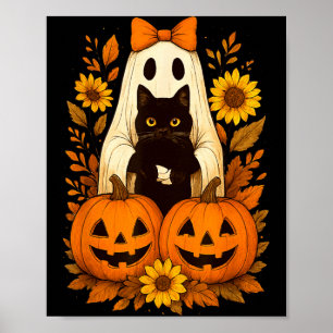 Vintage süßer Halloween-Geist hält schwarze Katze Poster