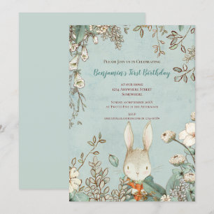 Vintage Süßer Hase Florale Blätter 1. Geburtstag J Einladung