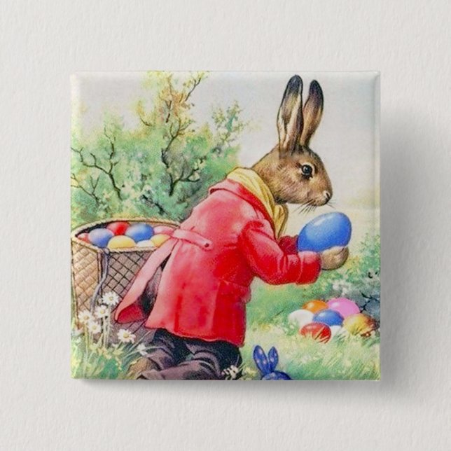 Vintage süßer Hase und farbenfrohe Ostereier Button (Vorderseite)