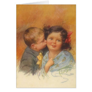 Vintage Süßer Junge stiehlt einen Kuss auf die Wan