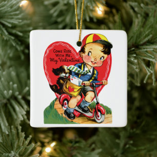 Vintage Süßer Valentinstag, Junge auf einem Roller Keramikornament