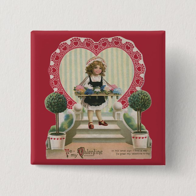 Vintage Süßer Valentinstag, Mädchen mit Blumen Button (Vorderseite)