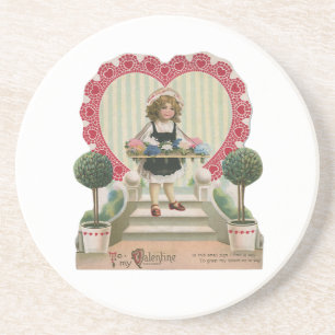 Vintage Süßer Valentinstag, Mädchen mit Blumen Getränkeuntersetzer