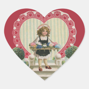 Vintage Süßer Valentinstag, Mädchen mit Blumen Herz-Aufkleber