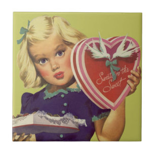 Vintage Süßer Valentinstag, Mädchen mit Pralinen Fliese