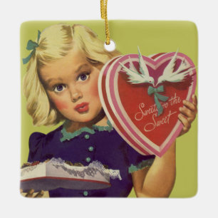Vintage Süßer Valentinstag, Mädchen mit Pralinen Keramikornament