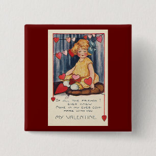 Vintage Süßer Valentinstag, Mädchen mit roten Herz Button