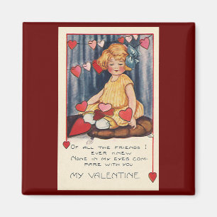 Vintage Süßer Valentinstag, Mädchen mit roten Herz Magnet