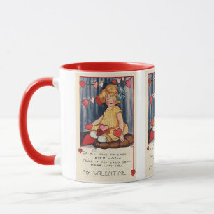 Vintage Süßer Valentinstag, Mädchen mit roten Herz Tasse