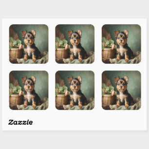 Vintage Süßer Welpe Yorkshire Terrier Porträt Quadratischer Aufkleber