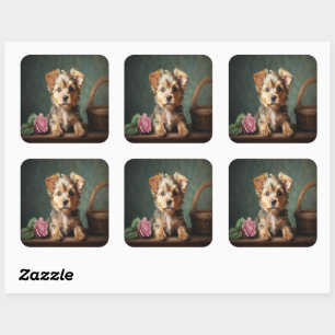 Vintage Süßer Welpe Yorkshire Terrier Rosenporträt Quadratischer Aufkleber