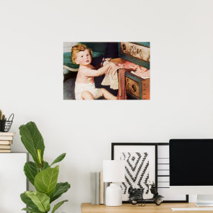 Vintage Süßes Kleinkind spielt mit Kleiderschrank Poster