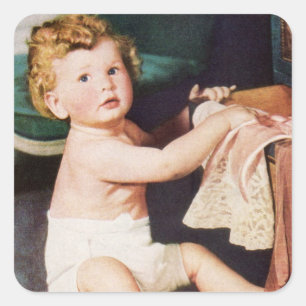 Vintage Süßes Kleinkind spielt mit Kleiderschrank Quadratischer Aufkleber