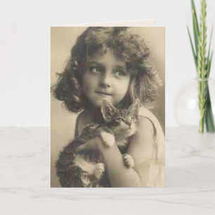 VINTAGE SÜßES MÄDCHEN UND KATZE GRUßKARTE KARTE