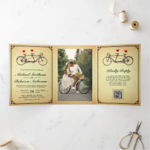 Vintage Süßes Tandem-Fahrrad Foto QR-Code Hochzeit Dreifach Gefaltete Einladung