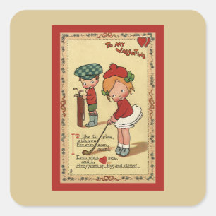 Vintage Süßes Valentinstag, Kindersport Golf Quadratischer Aufkleber