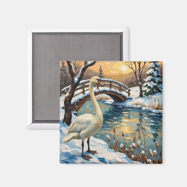 Vintage Swan by Snowy Bridge Christmas Painting Magnet (Vorderseite/Rückseite)
