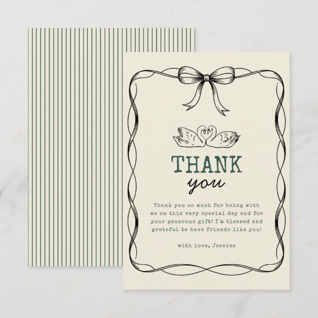 Vintage Swan & Green Stripes Thank You Card Dankeskarte (Vorne/Hinten)