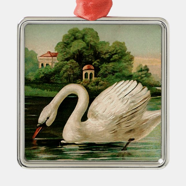 Vintage Swan im Lake Silbernes Ornament (Vorne)