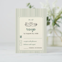 Vintage Swan Monogram Retro Green Stripes Wedding RSVP Karte