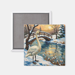 Vintage Swan von Snowy Bridge Weihnachtsgemälde Magnet