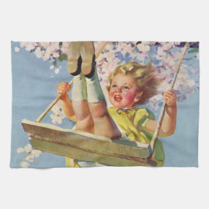 Vintage Swing, Mädchen schwingt auf einem Baum Kin Geschirrtuch