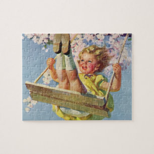 Vintage Swing, Mädchen schwingt auf einem Baum Kin Puzzle