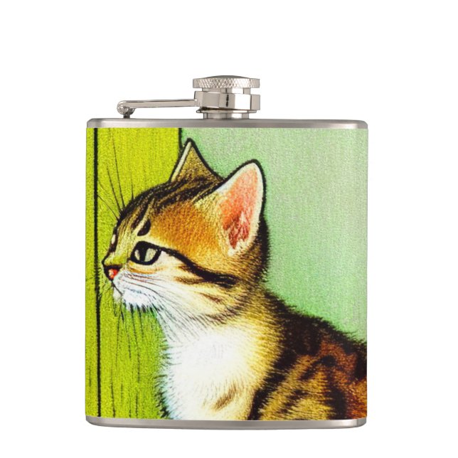 Vintage Tabby Cat Illustration Flachmann (Vorderseite)