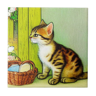 Vintage Tabby Cat Illustration Fliese