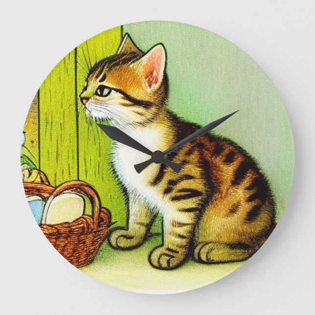 Vintage Tabby Cat Illustration Große Wanduhr (Vorderseite)