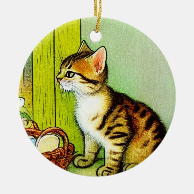 Vintage Tabby Cat Illustration Keramik Ornament (Vorne)