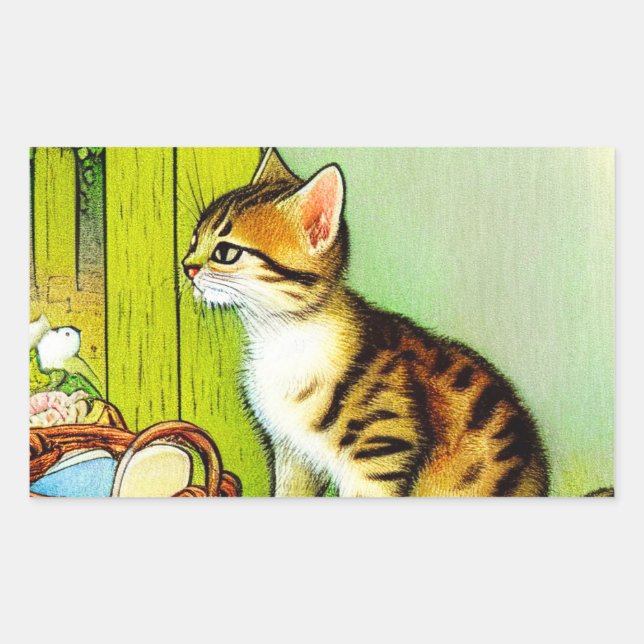 Vintage Tabby Cat Illustration Rechteckiger Aufkleber (Vorderseite)