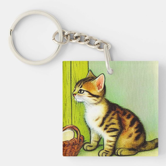 Vintage Tabby Cat Illustration Schlüsselanhänger (Vorderseite)