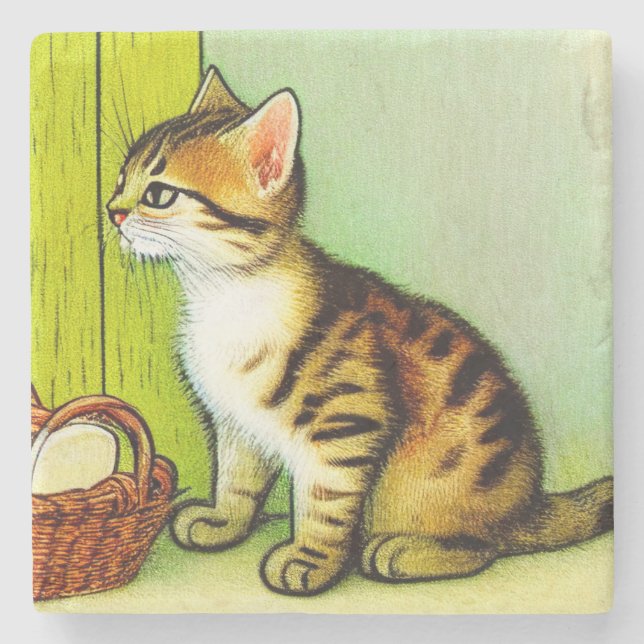 Vintage Tabby Cat Illustration Steinuntersetzer (Vorderseite)