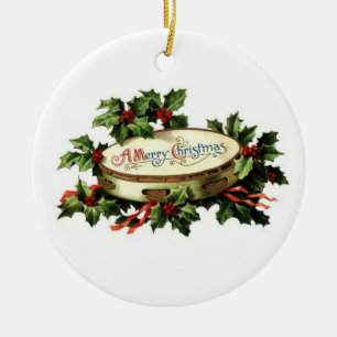 Vintage Tambourin und Stechpalme Keramikornament