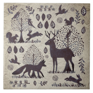 Vintage-Tan-Grau-Waldtier-Fuchs-Hase Fliese