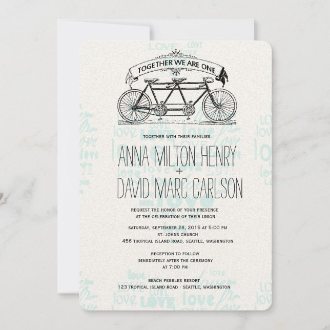 Vintage Tandem-Radhörnereien-Hochzeit Einladung (Vorderseite)