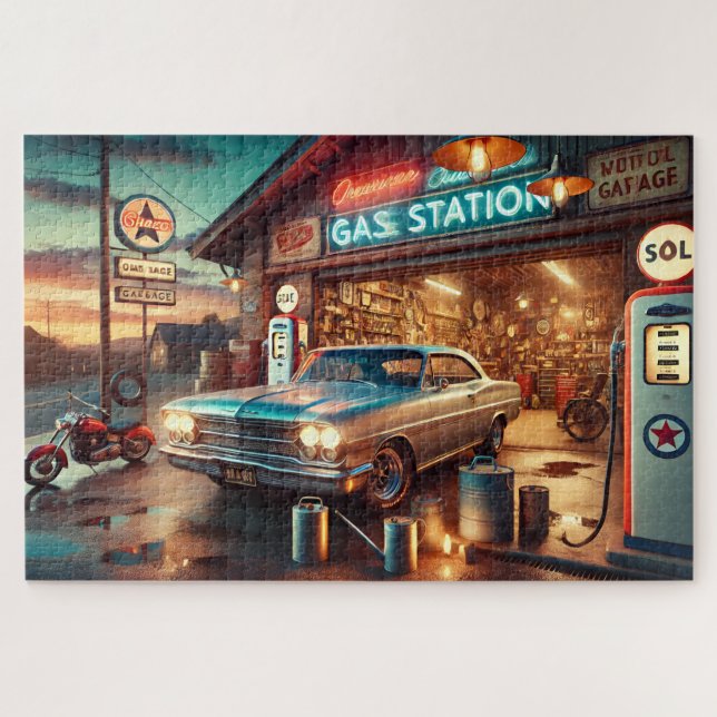 Vintage Tankstelle Klassiker Auto Puzzle (Horizontal)