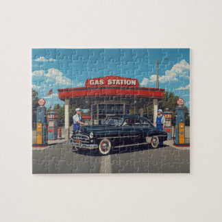Vintage Tankstelle Klassischer schwarzer Wagen 195 Puzzle