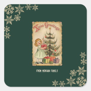 Vintage-Tannenbaum-Weihnachtsgeschenke für kleine Quadratischer Aufkleber
