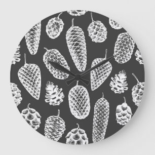 Vintage-Tannenzapfen, botanische Kreidetafel. Große Wanduhr