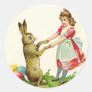 Vintage Tanz eines kleinen Mädchens mit Osterhase- Runder Aufkleber