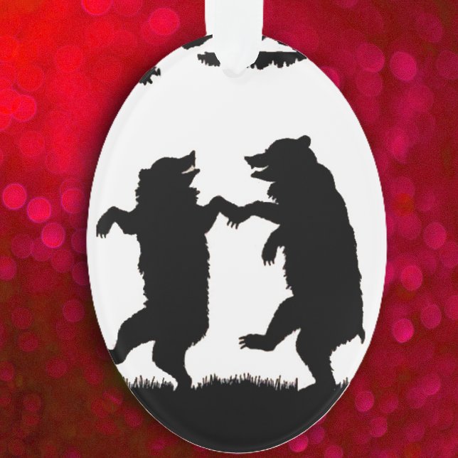 Vintage Tanzbären Schwarze Silhouette Bäume Owl Ornament (Two black bears in silhouette dancing together in grass on white oval hanging ornament.)